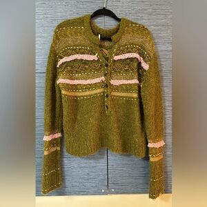 Free people 
Olive Green Knit Sweater with Pink Accents
